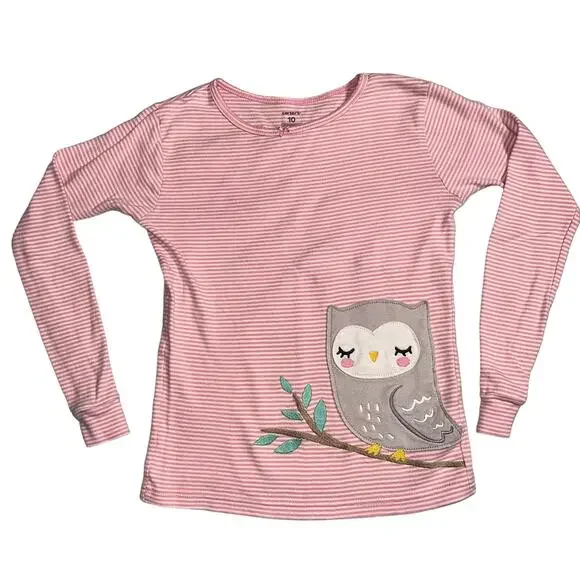Carters Girls Pajama Shirt Top Long Sleeve Pullover Owl Patch Pink White Size 10 - Picture 1 of 6